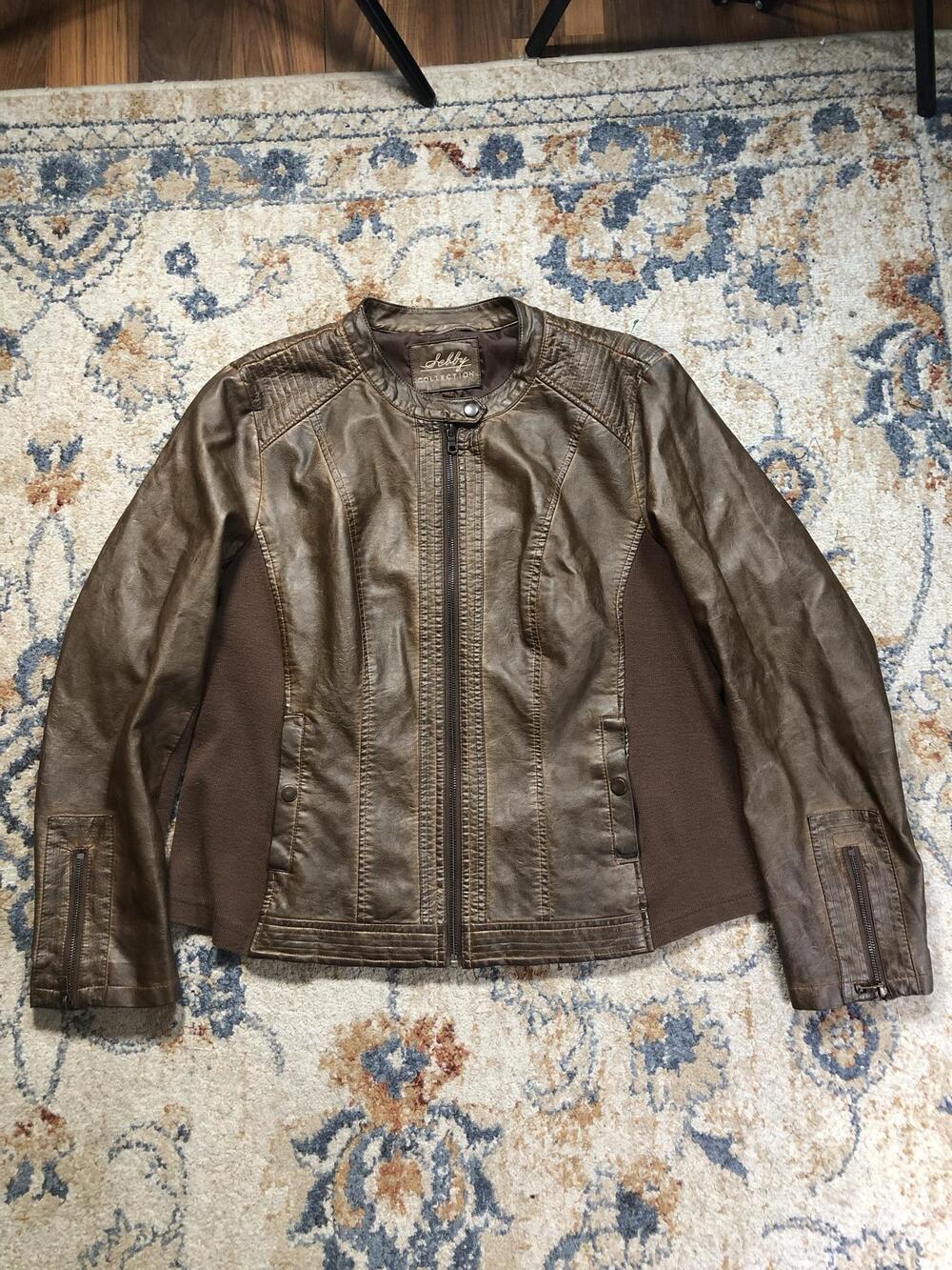 Selby Collection Jacket Womens Medium Brown Faux Leather Knit Moto Full Zip